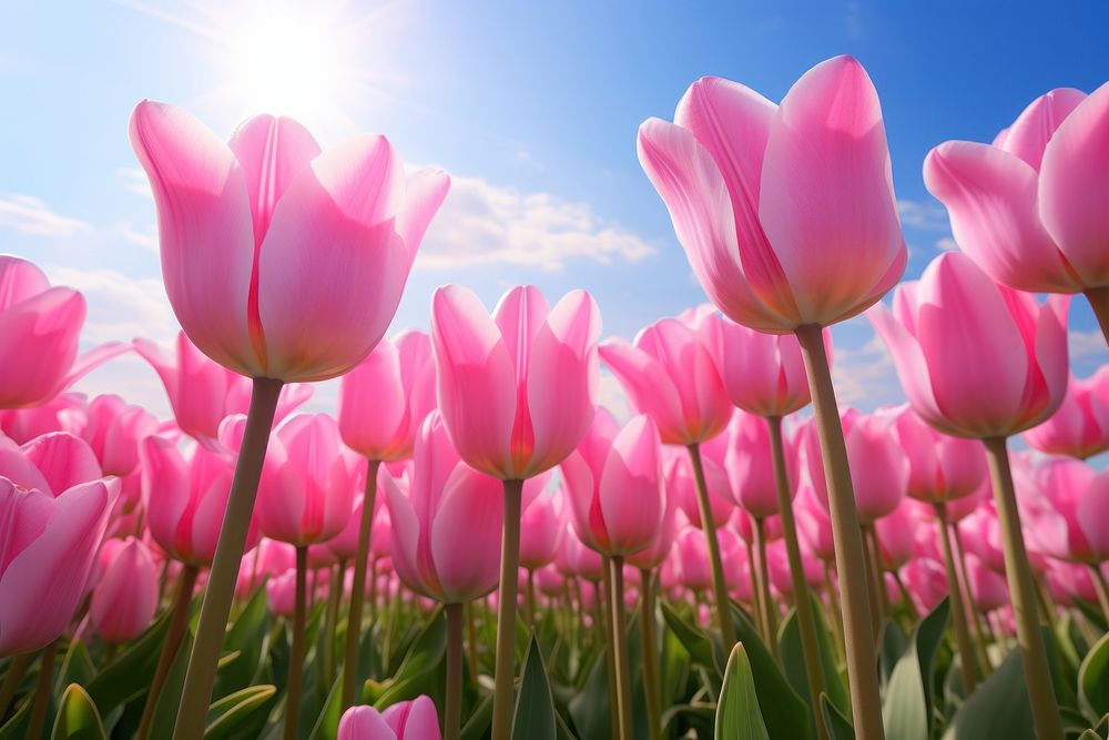 Pink tulips field flower landscape outdoors. AI generated Image by rawpixel.