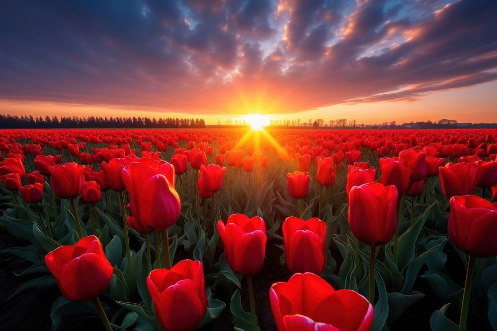 Red tulips field flower landscape outdoors. AI generated Image by rawpixel.