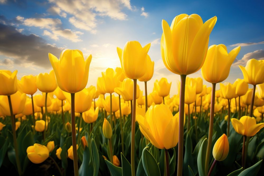 Yellow tulips field flower landscape outdoors. AI generated Image by rawpixel.