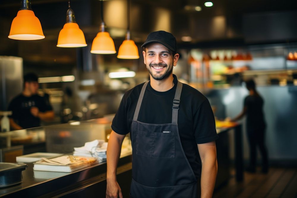 Fast food restaurant worker service smiling waiter. 