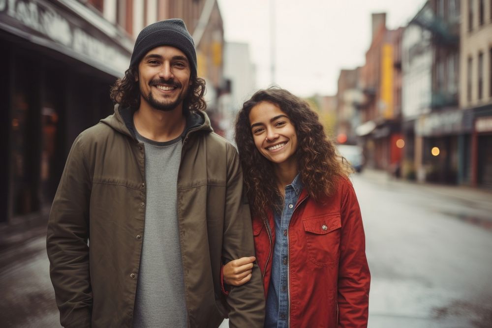 Hispanic couple holding hand jacket street adult. AI generated Image by rawpixel.