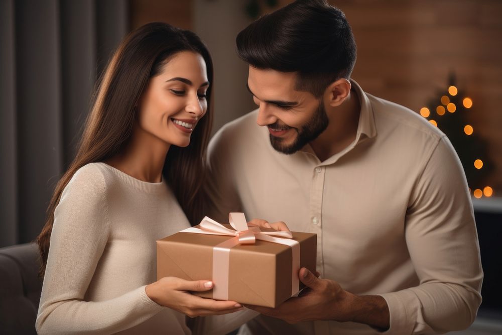Hispanic husband surprising his wife box adult gift. AI generated Image by rawpixel.
