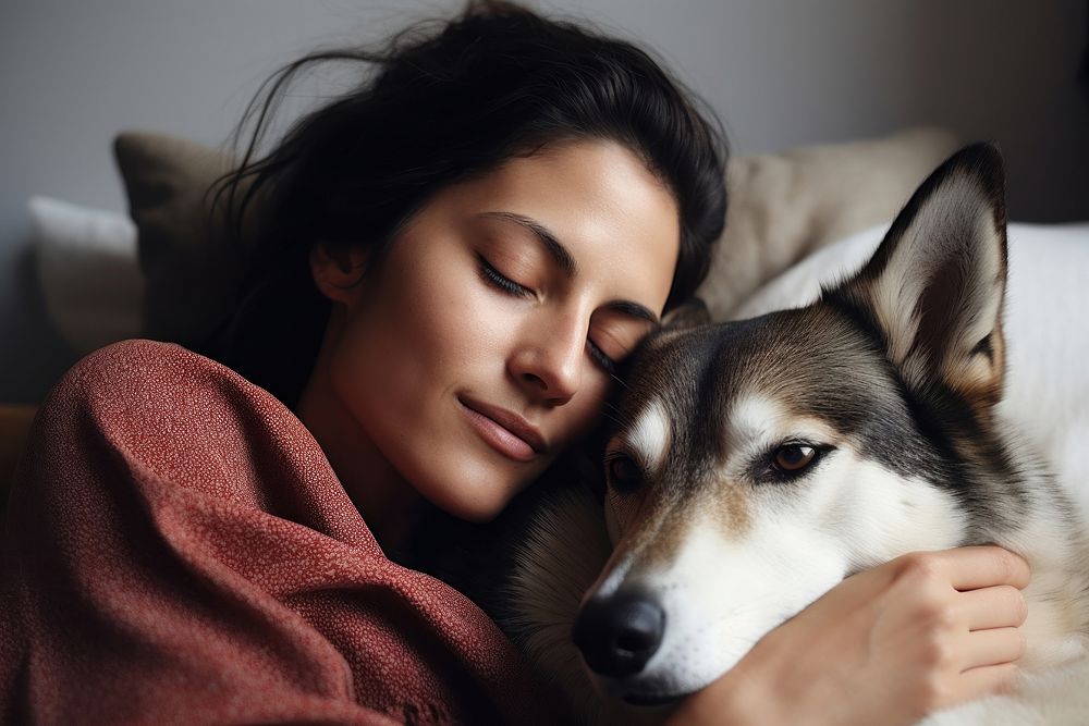 Hispanic woman napping with a dog mammal animal adult. AI generated Image by rawpixel.