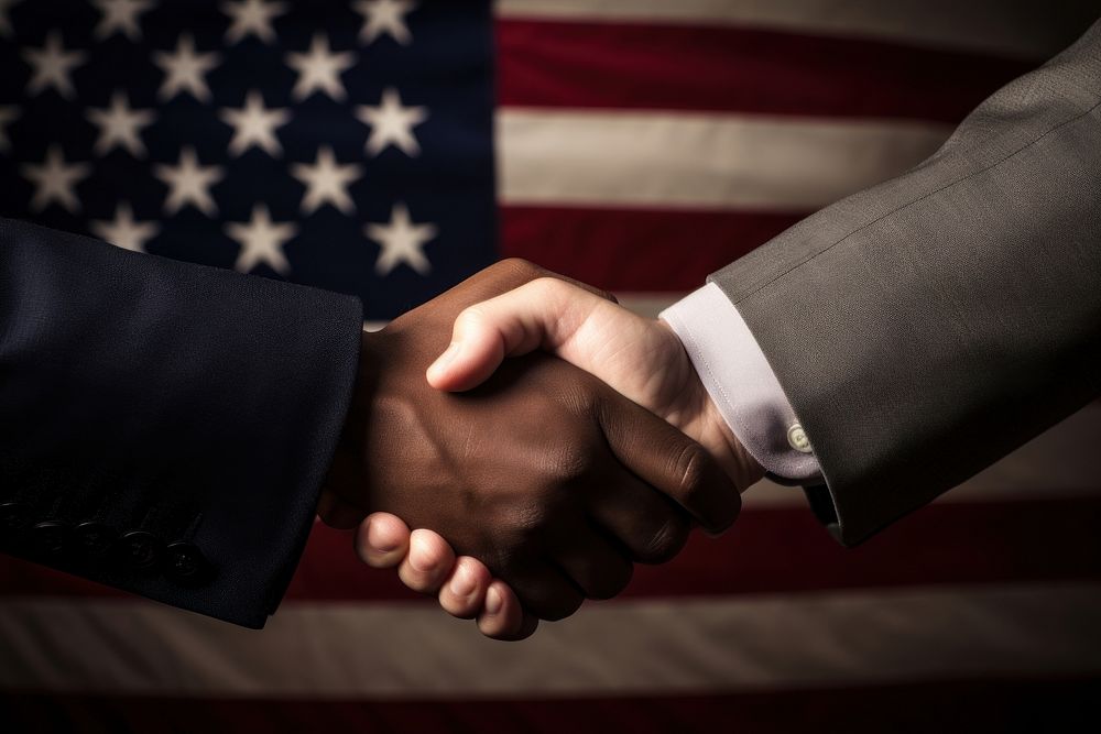 Shaking hands flag patriotism politician. AI generated Image by rawpixel.