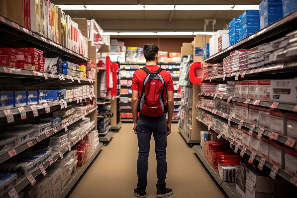 Retail store worker backpack standing shelf. AI generated Image by rawpixel.