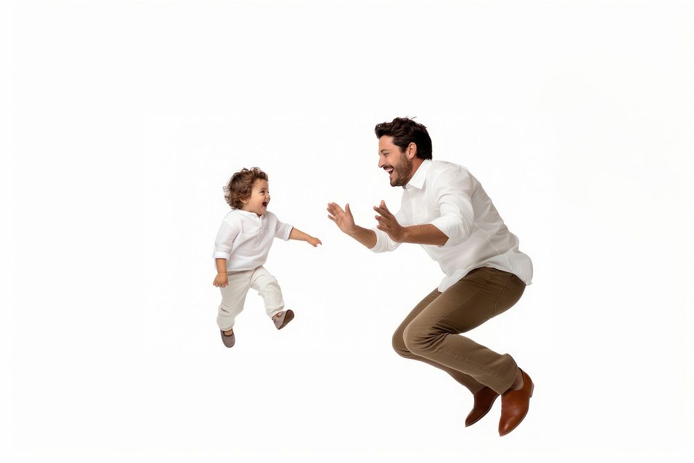 Father and son jumping adult white background. AI generated Image by rawpixel.