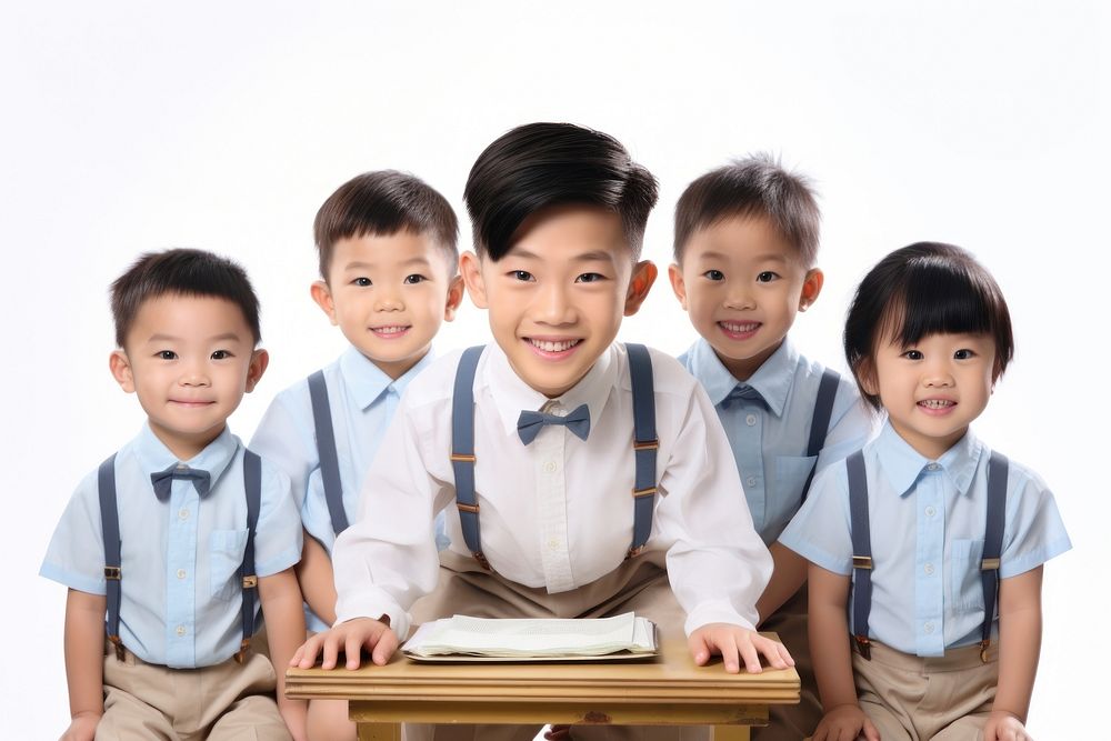 Happy asian children student sitting white background. AI generated Image by rawpixel.