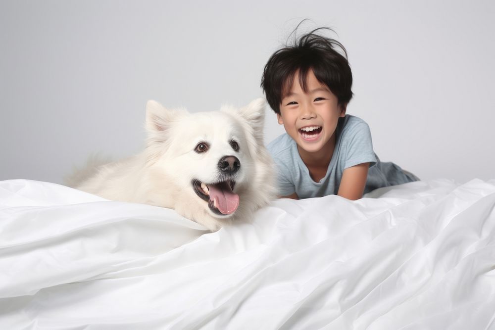 Happy asian kid dog mammal animal. AI generated Image by rawpixel.