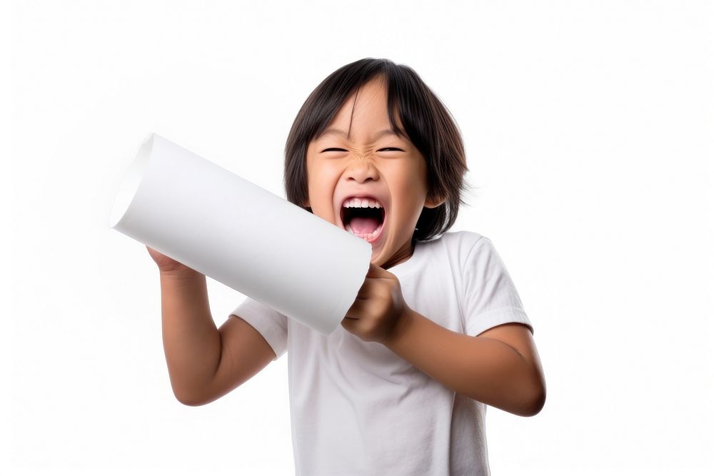 Happy asian kid shouting paper white. AI generated Image by rawpixel.