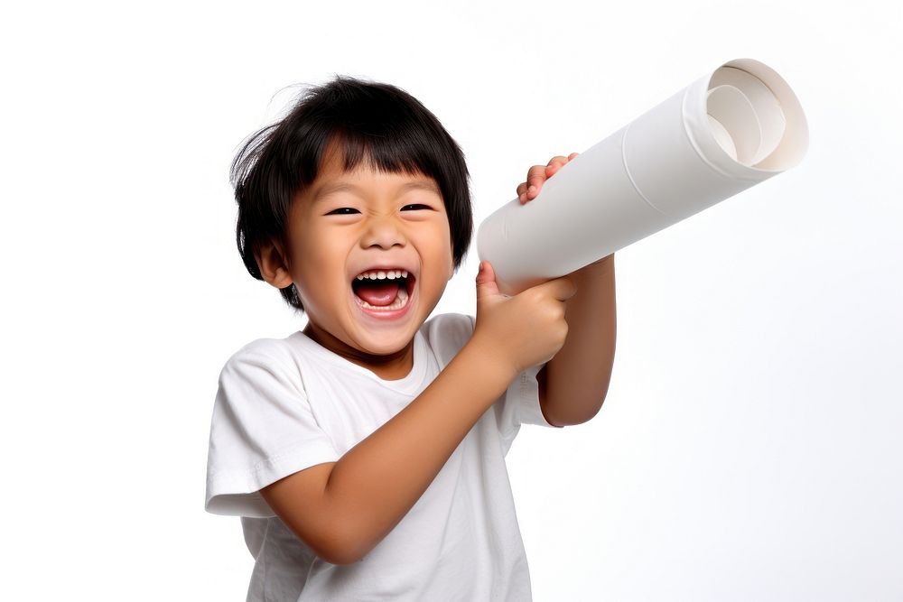 Happy asian kid shouting white background happiness. AI generated Image by rawpixel.