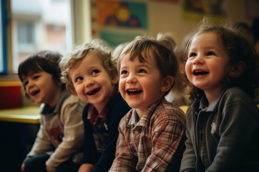 Happy british children laughing portrait sitting. AI generated Image by rawpixel.