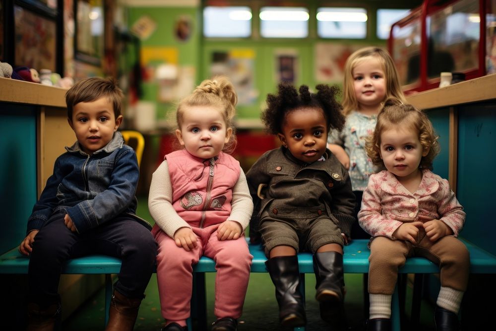 Happy british children kindergarten portrait sitting. AI generated Image by rawpixel.