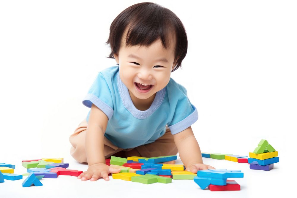 Happy korean kid crawling baby white background. AI generated Image by rawpixel.