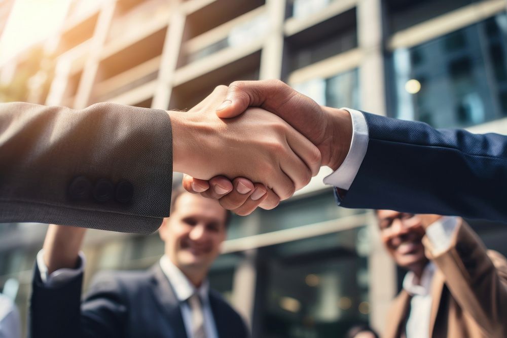 Smiling colleagues handshake adult togetherness. AI generated Image by rawpixel.