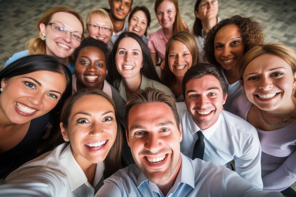 Smiling colleagues laughing selfie adult. AI generated Image by rawpixel.