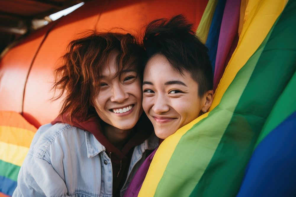 Lesbian couple photography laughing portrait. AI generated Image by rawpixel.