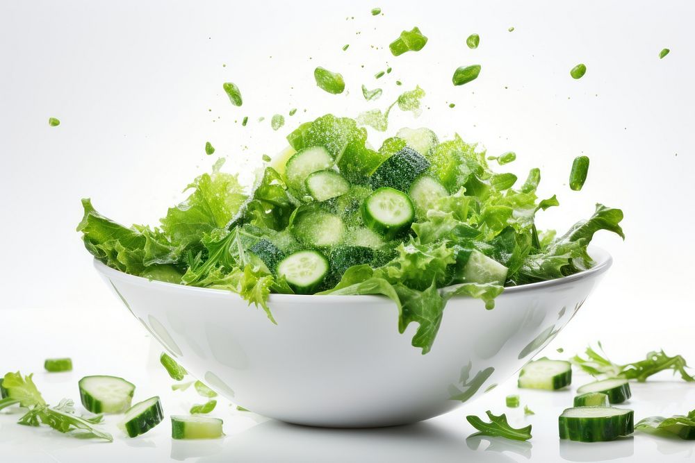 Salad green vegetables in white bowl cucumber plant food. AI generated Image by rawpixel.