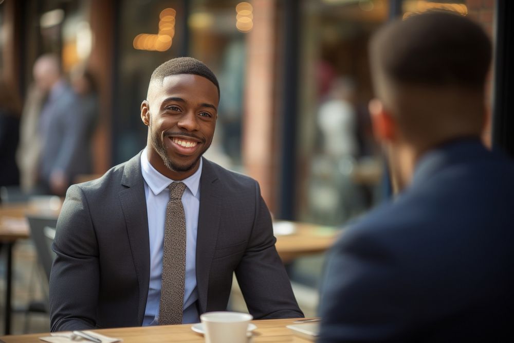 African American man smile talking coffee. AI generated Image by rawpixel.