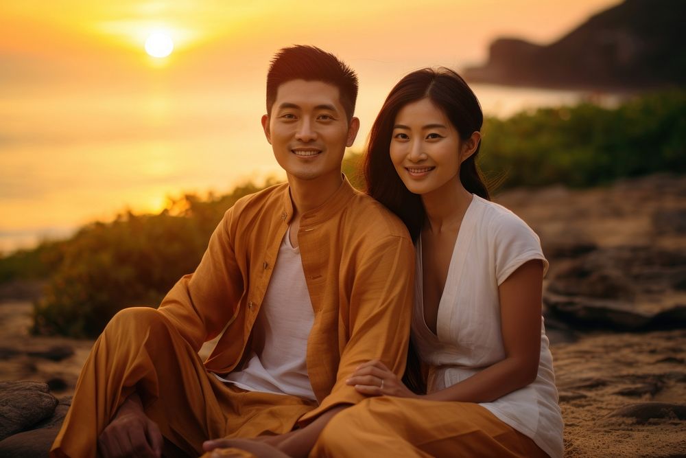 Asian couple enjoyment portrait sunset. AI generated Image by rawpixel.