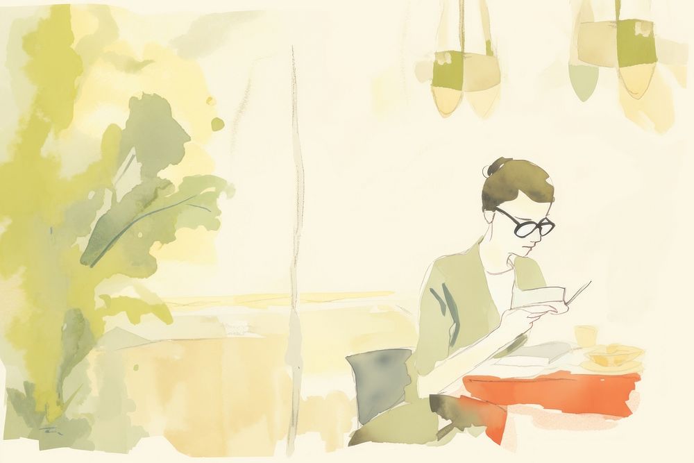 Woman reading book in cafe painting glasses art. AI generated Image by rawpixel.