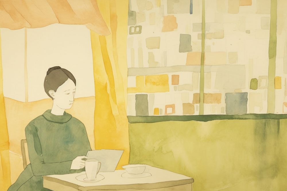 Woman reading book in cafe furniture painting table. AI generated Image by rawpixel.