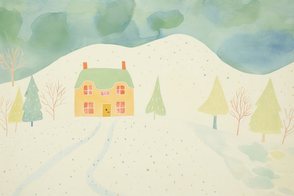 House in snow landscape outdoors painting drawing. AI generated Image by rawpixel.