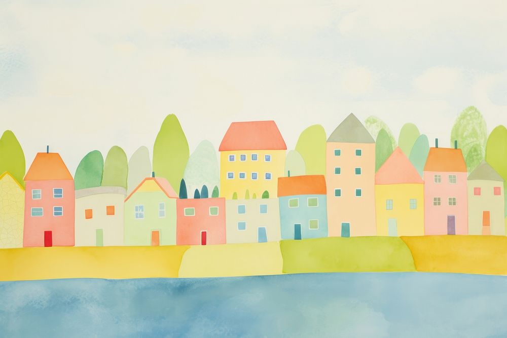 Houses and tree by water outdoors painting art. AI generated Image by rawpixel.