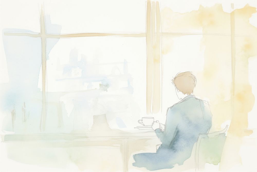 Man reading book in cafe painting cup mug. AI generated Image by rawpixel.