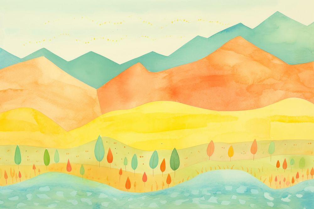 Mountains and water backgrounds painting outdoors. AI generated Image by rawpixel.