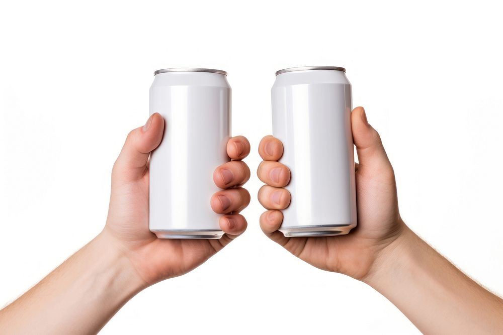 Two hands clinking white aluminium beer cans drink white background refreshment. AI generated Image by rawpixel.
