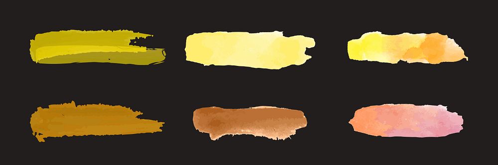 Set of six watercolor brush strokes in various colors on a dark background. Brush strokes in yellow, orange, brown, and pink…