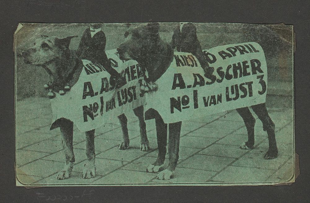 Twee honden van de Poppendokter met reclame en agentenpoppen op de rug (1930 - 1940) by anonymous
