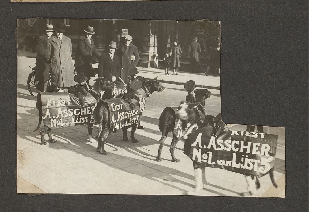 Honden van de poppendokter met reclame voor verkiezing van Asscher van lijst 5 op straat (1930 - 1940) by anonymous