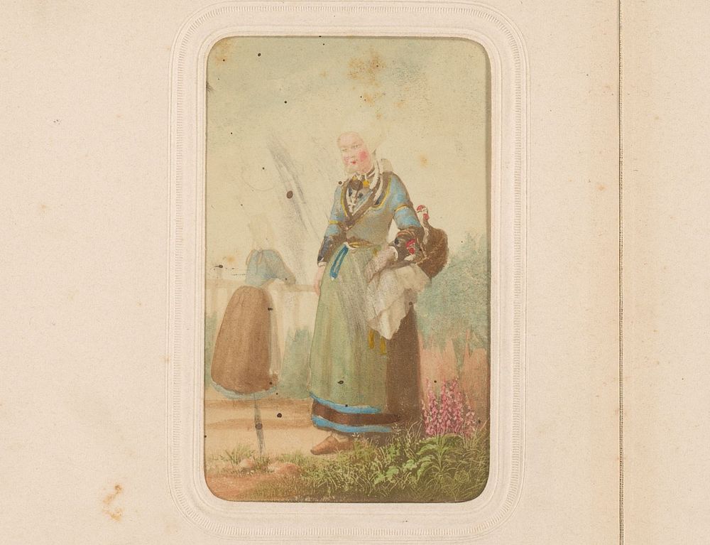 Fotoreproductie van een prent van een vrouw met mand (1860 - 1900) by Théodore Lemonnier and anonymous
