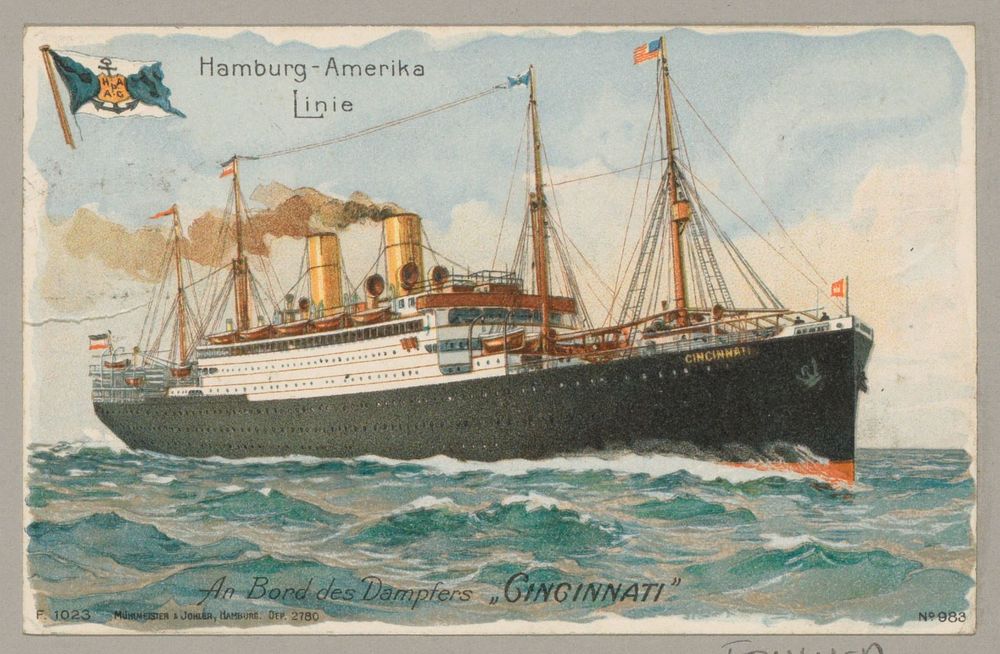 Schip 'Cincinnati' van de Hamburg-Amerika Linie (Hapag) op volle zee (c. 1900 - in or before 1910) by anonymous and…