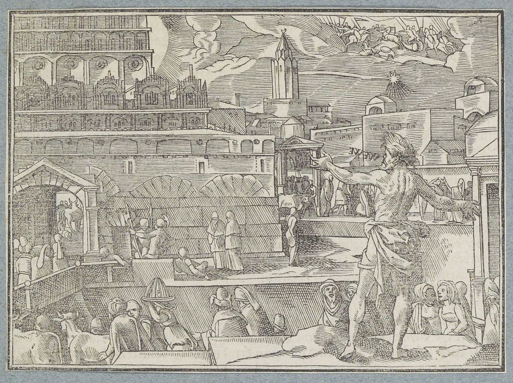 Ruiters met lansen verschijnen in de hemel boven Jeruzalem (1574) by Christoffel van Sichem I and Tobias Stimmer