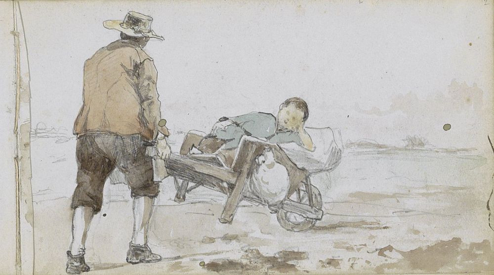 Landschap met een man die een jongen op een handkar voortduwt (1834 - 1903) by Johan Hendrik Weissenbruch