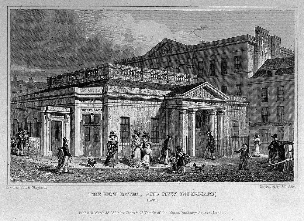 The hot baths and infirmary, Bath. Steel engraving by J.B. Allen, 1829, after T.H. Shepherd.