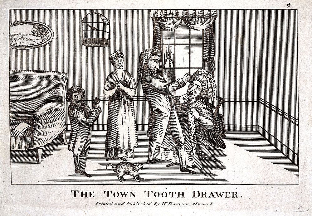 A tooth-drawer extracting a tooth from a fashionable and rich lady, while his black assistant and her white maid attend.…