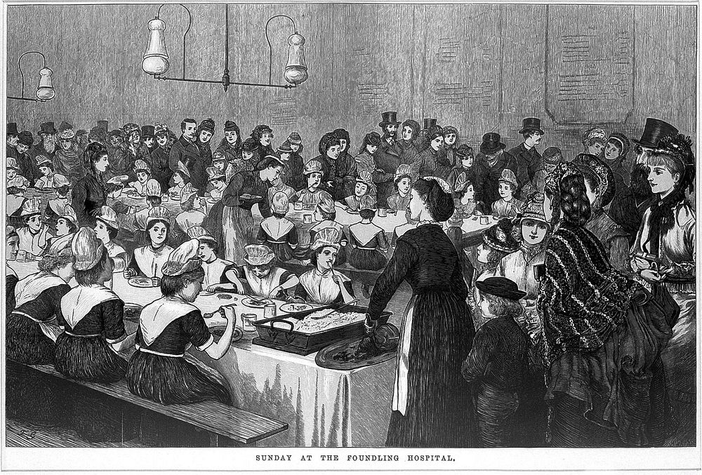 Fashionable London comes to observe Sunday lunch at the Foundling Hospital. Wood engraving by J. Swain, 1872, after H.T.…