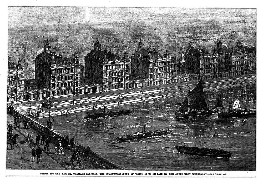 Saint Thomas's Hospital, Lambeth, viewed from the north bank of the Thames. Wood engraving.