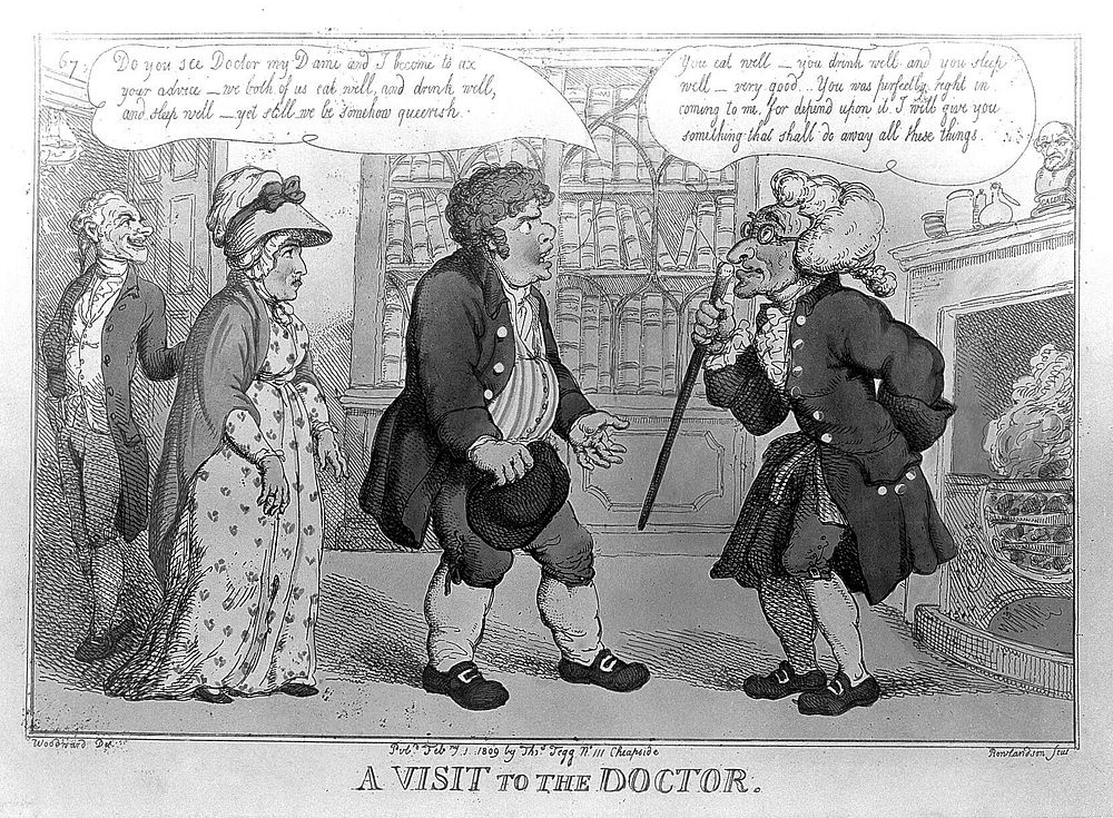 A couple of country folk consulting a decrepit doctor; a servant smiles menacingly in the doorway. Coloured etching by T.…