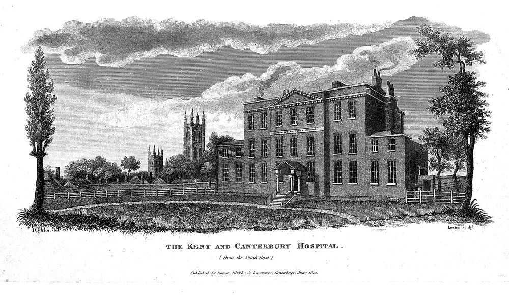 The Kent and Canterbury Hospital, Canterbury. Line engraving by Lester, 1810, after R. Dighton.