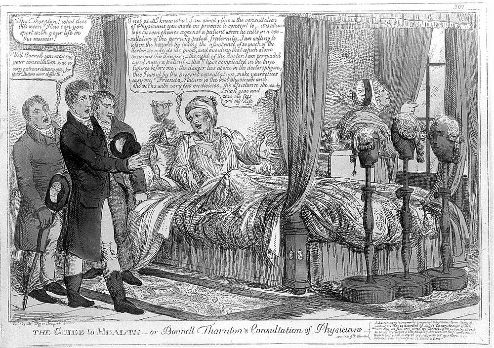 Bonnell Thornton lying ill in bed, consulting three physicians and pointing out their inadequacies. Coloured etching…