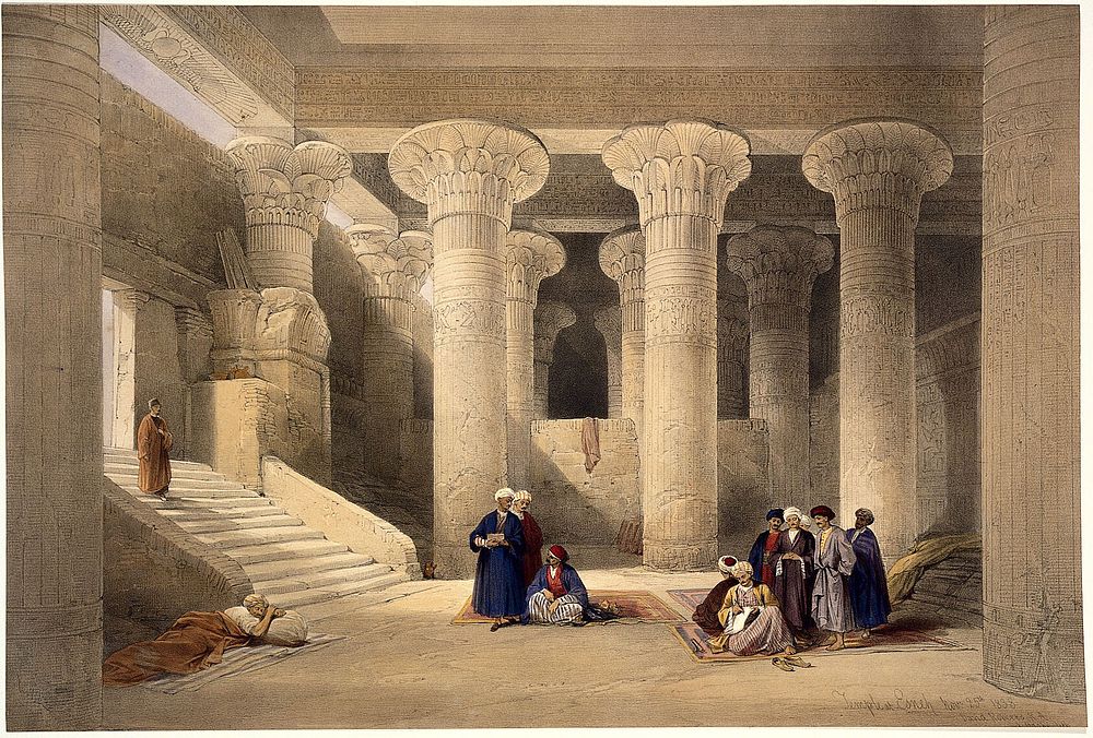 Interior of the temple of Esna, Egypt. Coloured lithograph by Louis Haghe after David Roberts, 1849.
