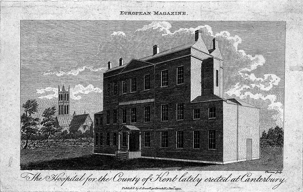 The Kent County Hospital, Canterbury. Line engraving by Thomas.