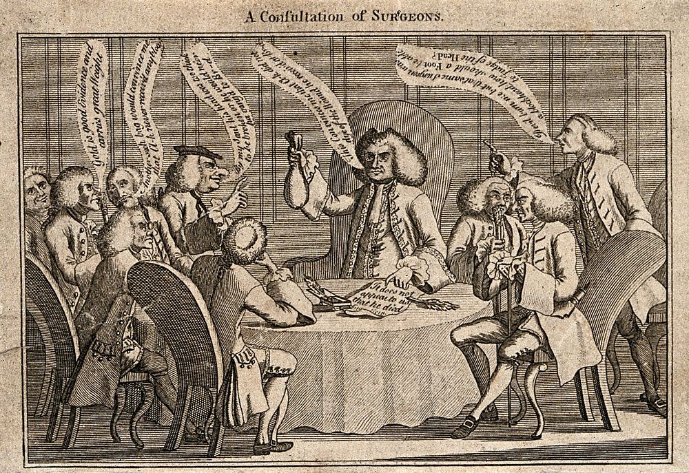 Ten surgeons discussing the cause of death of George Clarke, who died in riots at an election at Brentford in 1768. Line…