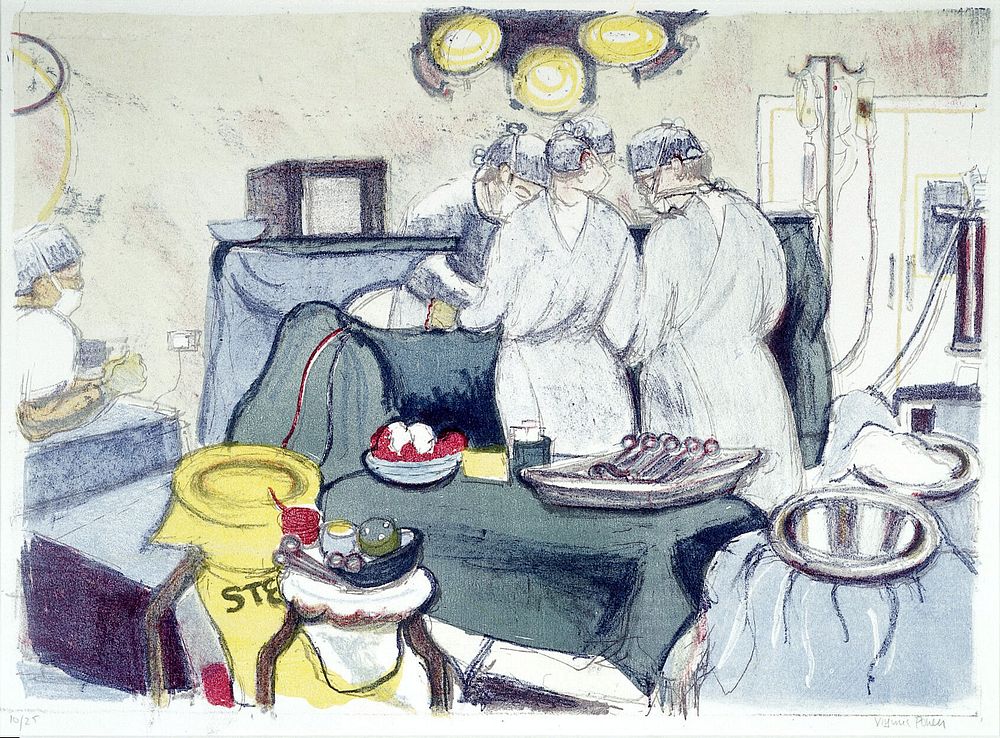 A gynaecological operation. Colour lithograph by Virginia Powell, ca. 1995.