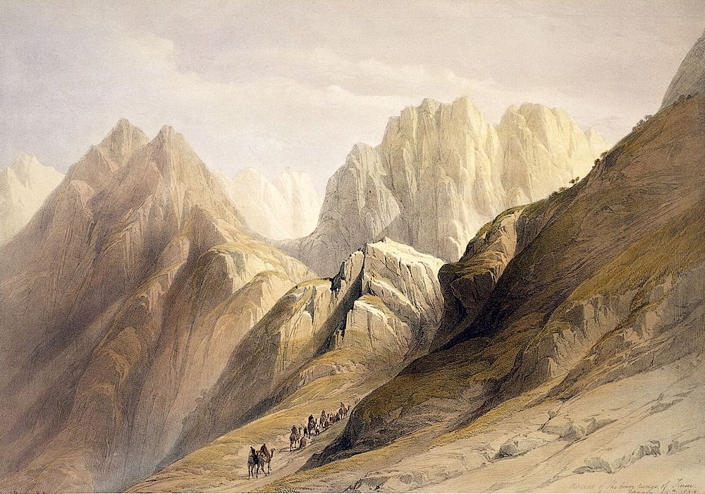 Ascent of the lower ranges of Mount Sinai. Coloured lithograph by Louis Haghe after David Roberts, 1849.