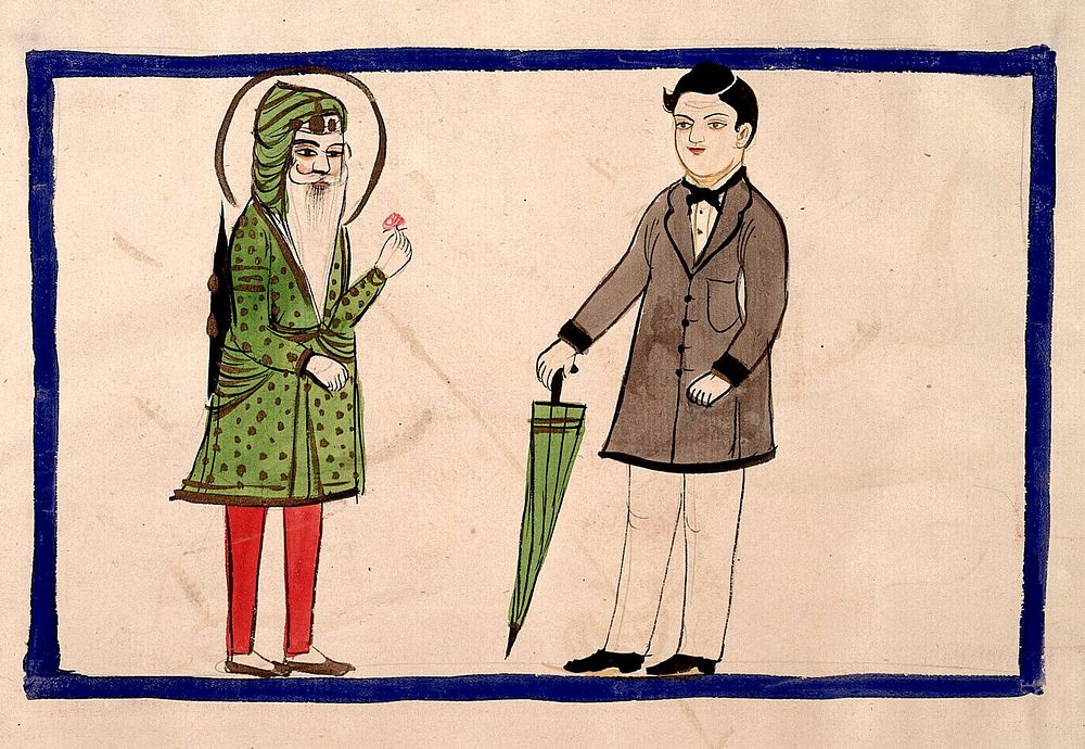 Two men, one in Punjabi dress, one in European dress. Watercolour.